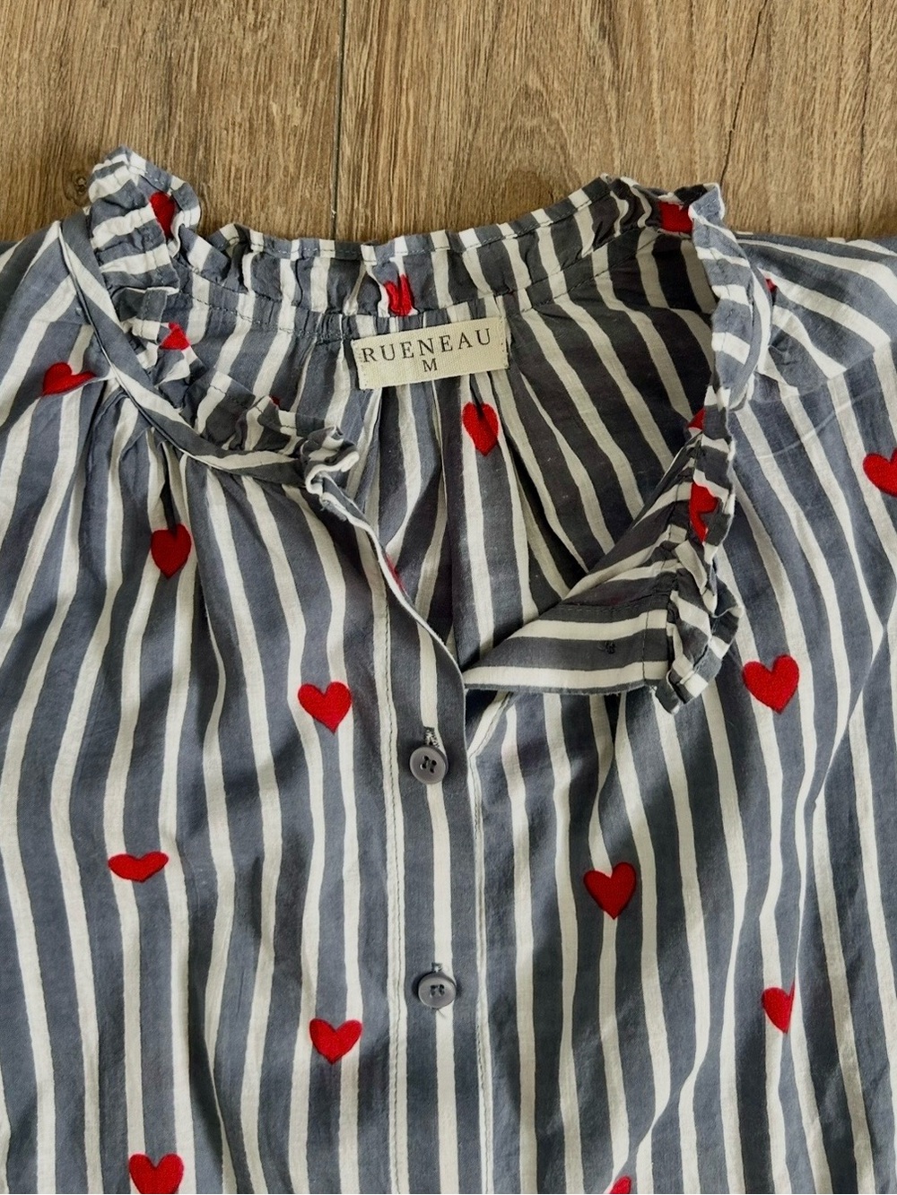Denim Blue Striped Blouse with a Button-Front and Red Heart accents… ♡